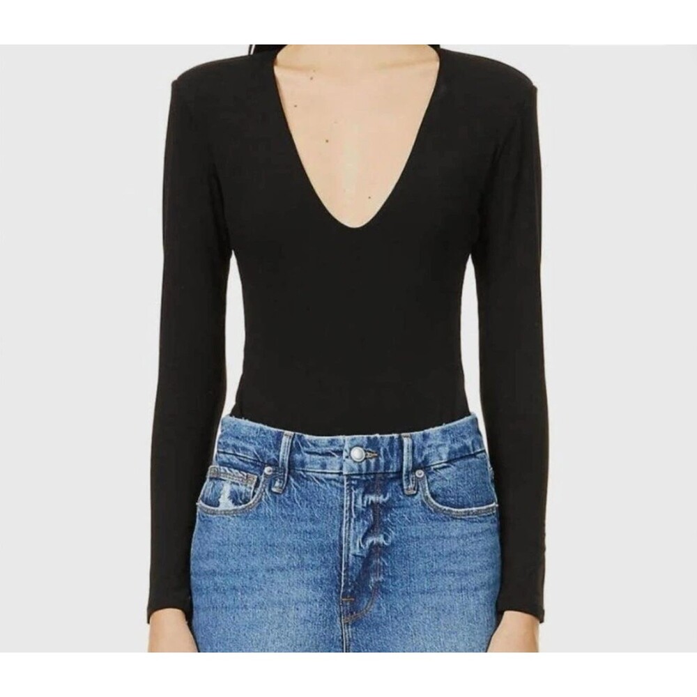 Good American Low Down Deep Long Sleeve Bodysuit Black V Neck Size 3 L